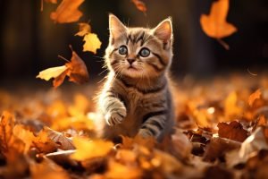 cat playing in the leaves