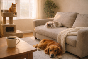 cozy living in a dog cat multipet home 